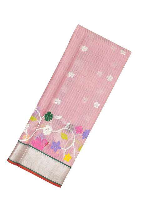Bubblegum Pink Handloom Kota Silk Cotton Saree With Meena Floral Motifs With Buttas And Brocade Design For Women