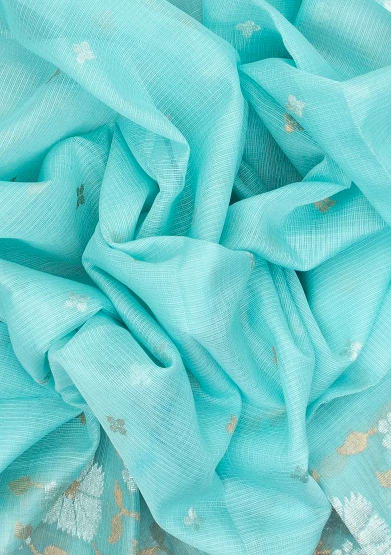 Aquamarine Handloom Kota Silk Cotton Saree With Floral Buttas With Buttas And Brocade Design For Women - Indya
