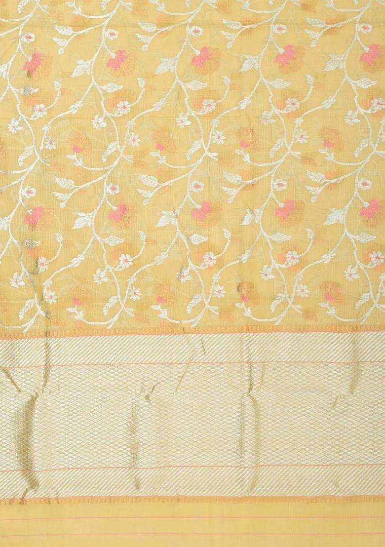 Yellow Handloom Kota Silk Cotton Saree With Meena Floral Vine Motifs With Buttas And Brocade Design For Women - Indya