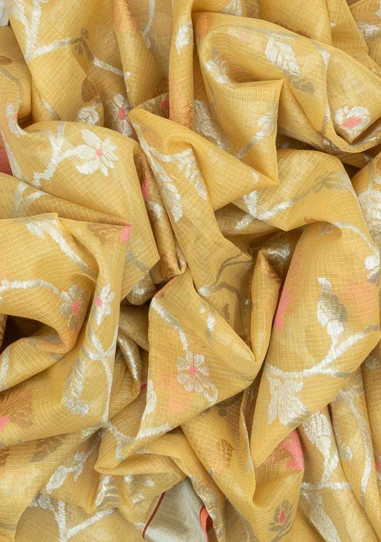 Yellow Handloom Kota Silk Cotton Saree With Meena Floral Vine Motifs With Buttas And Brocade Design For Women - Indya