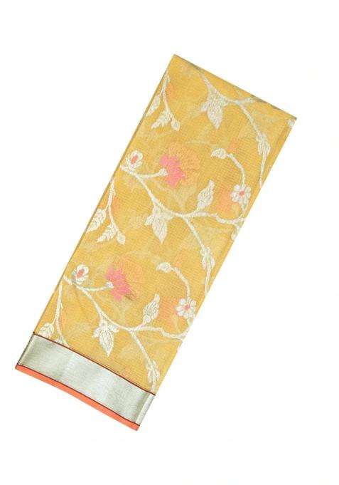 Yellow Handloom Kota Silk Cotton Saree With Meena Floral Vine Motifs With Buttas And Brocade Design For Women
