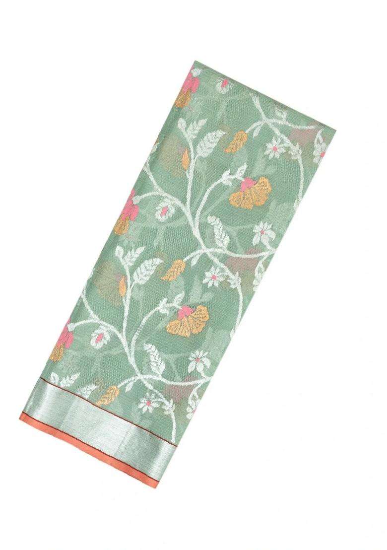Shadow Green Handloom Kota Silk Cotton Saree With Meena Floral Vine Motifs With Buttas And Brocade Design For Women - Indya