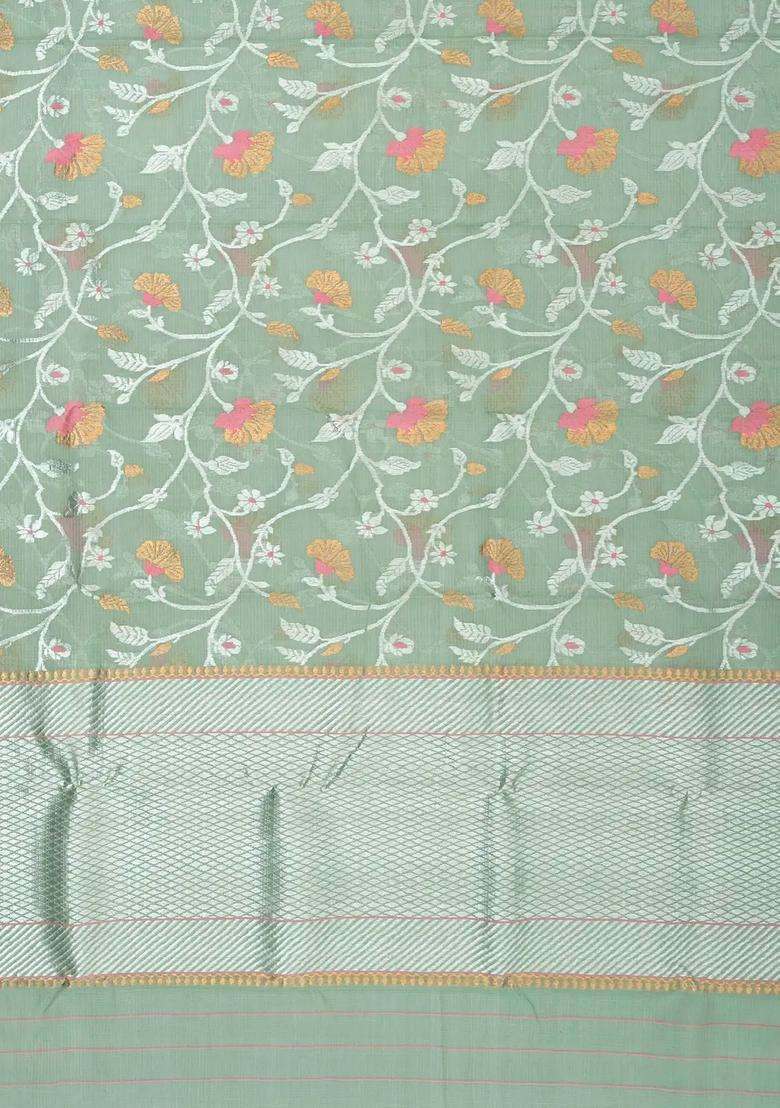 Shadow Green Handloom Kota Silk Cotton Saree With Meena Floral Vine Motifs With Buttas And Brocade Design For Women - Indya