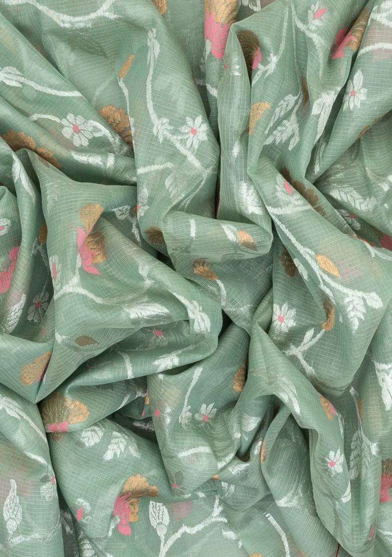 Shadow Green Handloom Kota Silk Cotton Saree With Meena Floral Vine Motifs With Buttas And Brocade Design For Women - Indya