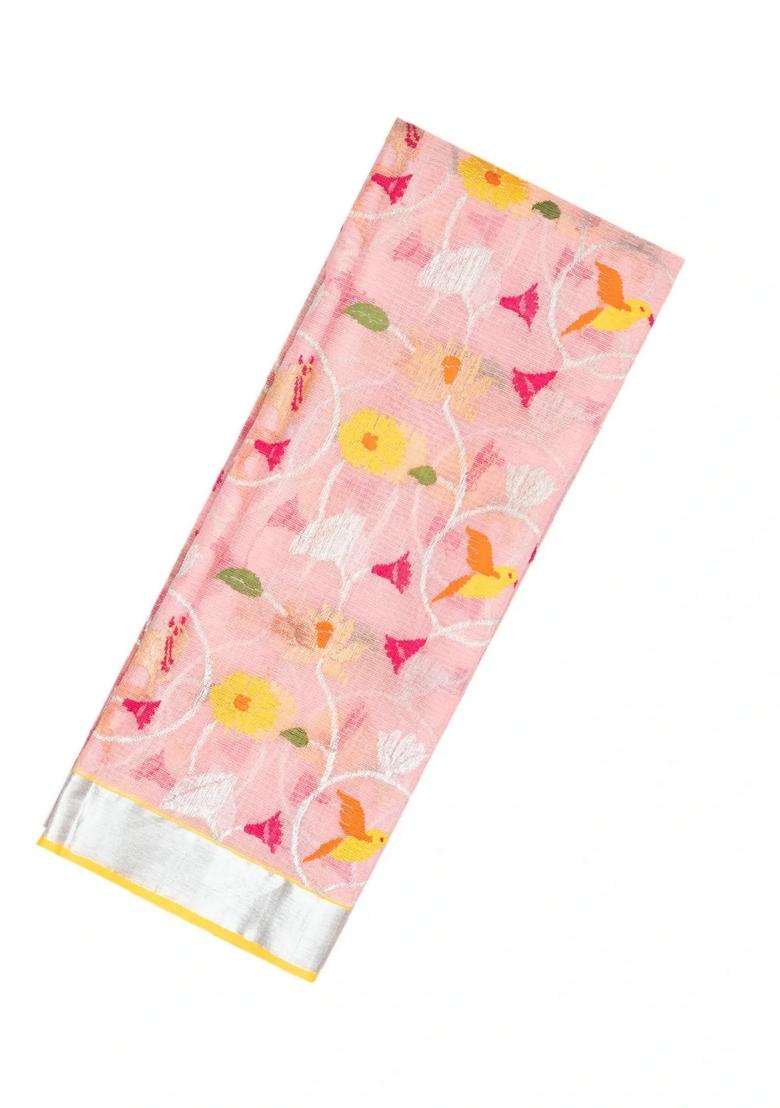 Dusty Pink Handloom Kota Silk Cotton Saree With Meena Bird Vine Motifs With Buttas And Brocade Design For Women - Indya