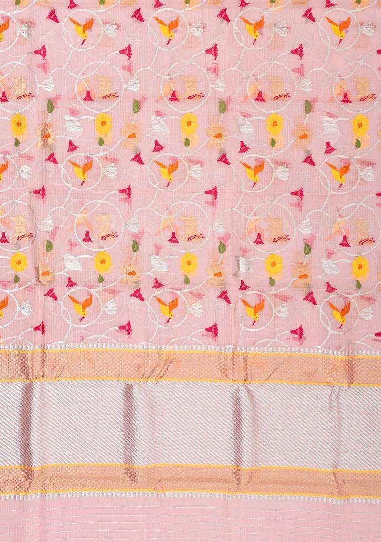 Dusty Pink Handloom Kota Silk Cotton Saree With Meena Bird Vine Motifs With Buttas And Brocade Design For Women - Indya