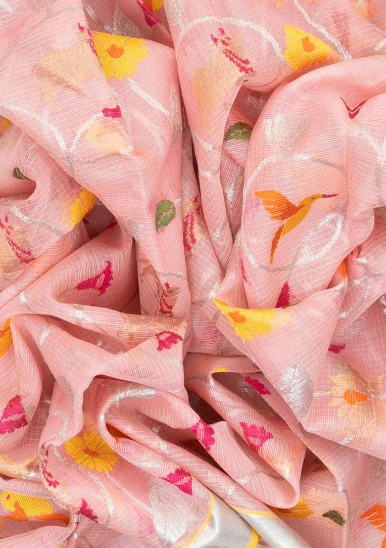 Dusty Pink Handloom Kota Silk Cotton Saree With Meena Bird Vine Motifs With Buttas And Brocade Design For Women - Indya