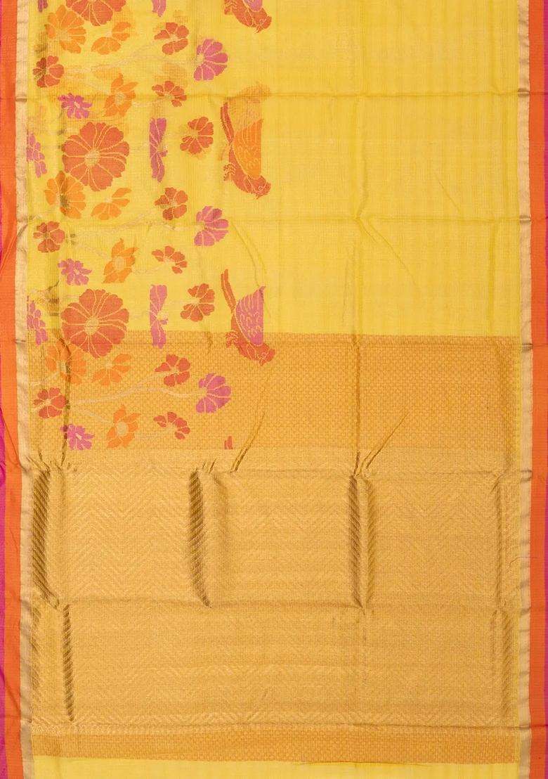 Yellow Handloom Kota Silk Cotton Saree With Meena Bird Motifs With Buttas And Brocade Design For Women - Indya