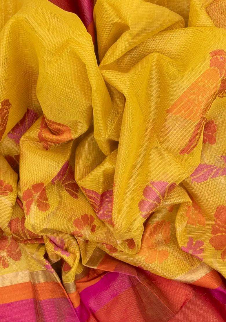 Yellow Handloom Kota Silk Cotton Saree With Meena Bird Motifs With Buttas And Brocade Design For Women - Indya