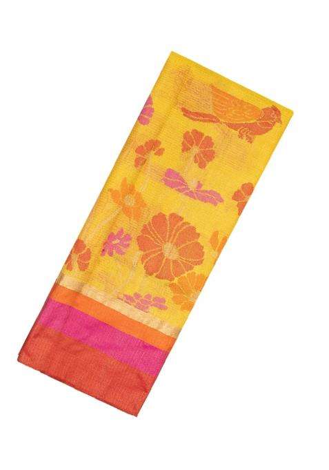 Yellow Handloom Kota Silk Cotton Saree With Meena Bird Motifs With Buttas And Brocade Design For Women