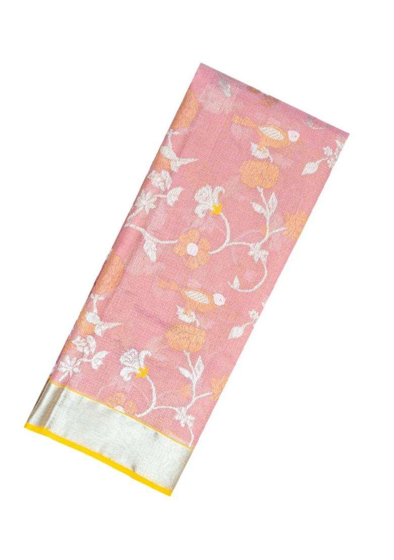 Dusty Pink Handloom Kota Silk Cotton Saree With Meena Floral Vine Motifs With Buttas And Brocade Design For Women - Indya