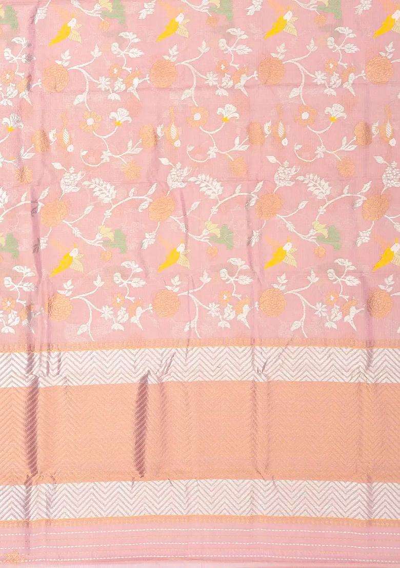 Dusty Pink Handloom Kota Silk Cotton Saree With Meena Floral Vine Motifs With Buttas And Brocade Design For Women - Indya