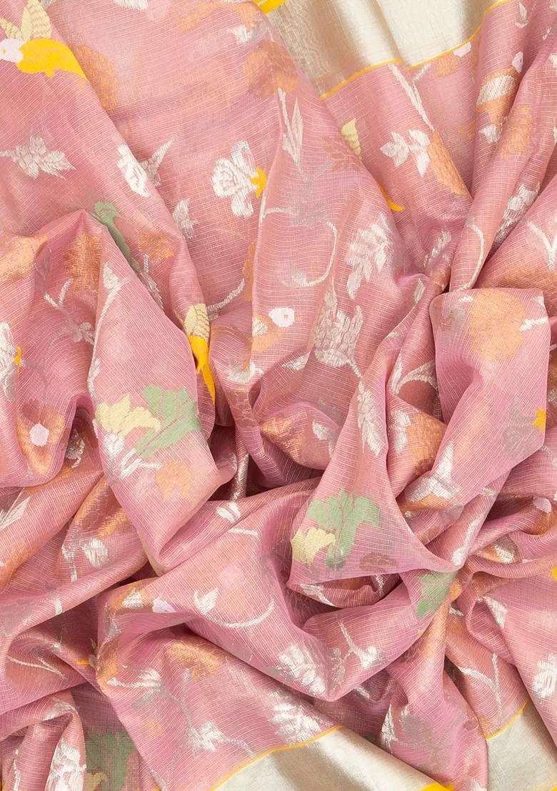 Dusty Pink Handloom Kota Silk Cotton Saree With Meena Floral Vine Motifs With Buttas And Brocade Design For Women - Indya