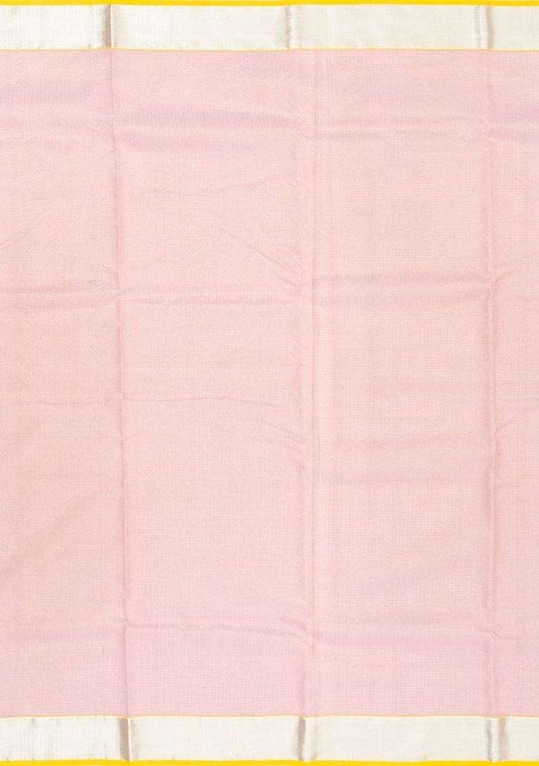 Dusty Pink Handloom Kota Silk Cotton Saree With Meena Floral Vine Motifs With Buttas And Brocade Design For Women - Indya
