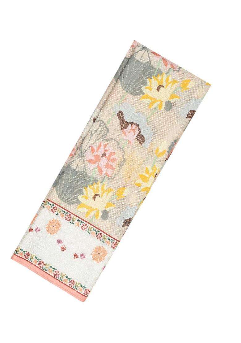 Off White Handloom Kota Silk Cotton Saree With Meena Floral Motifs With Buttas And Brocade Design For Women - Indya