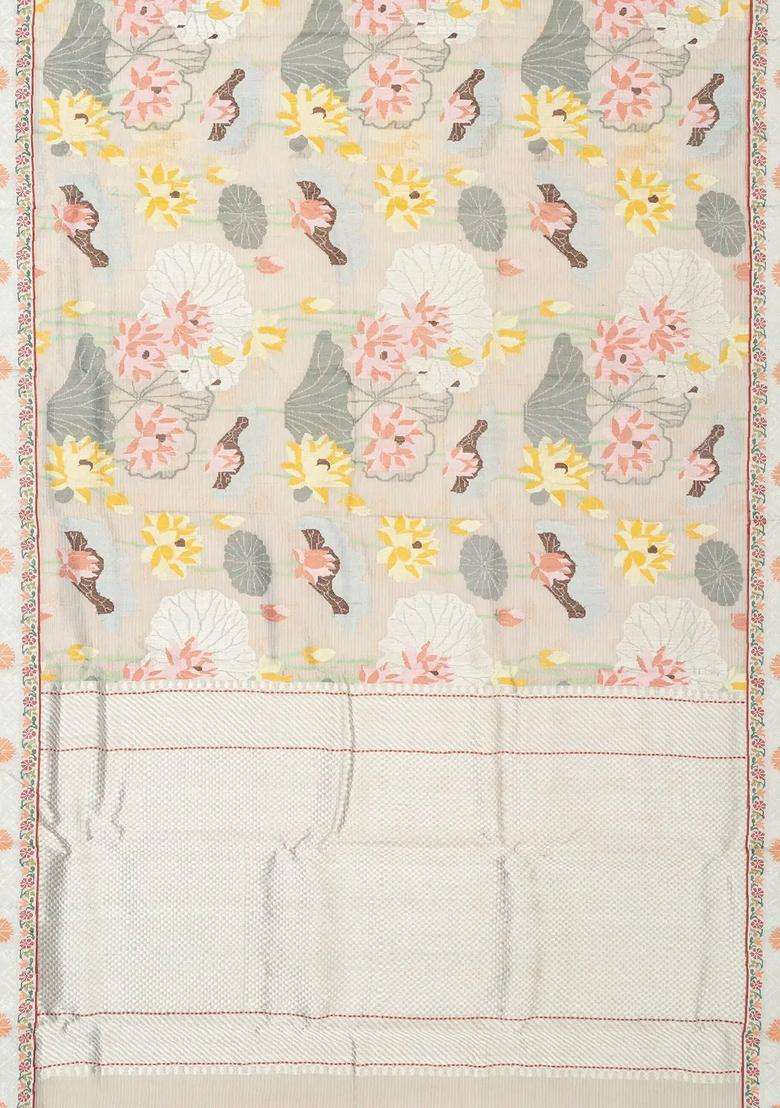 Off White Handloom Kota Silk Cotton Saree With Meena Floral Motifs With Buttas And Brocade Design For Women - Indya