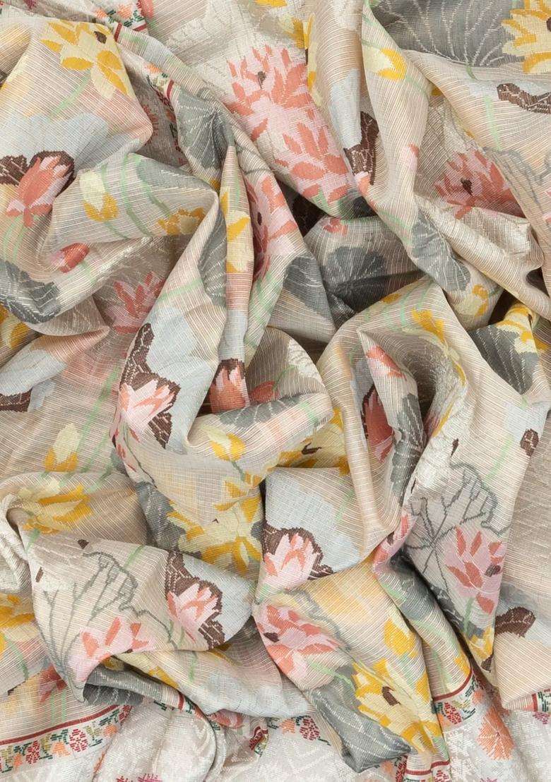 Off White Handloom Kota Silk Cotton Saree With Meena Floral Motifs With Buttas And Brocade Design For Women - Indya