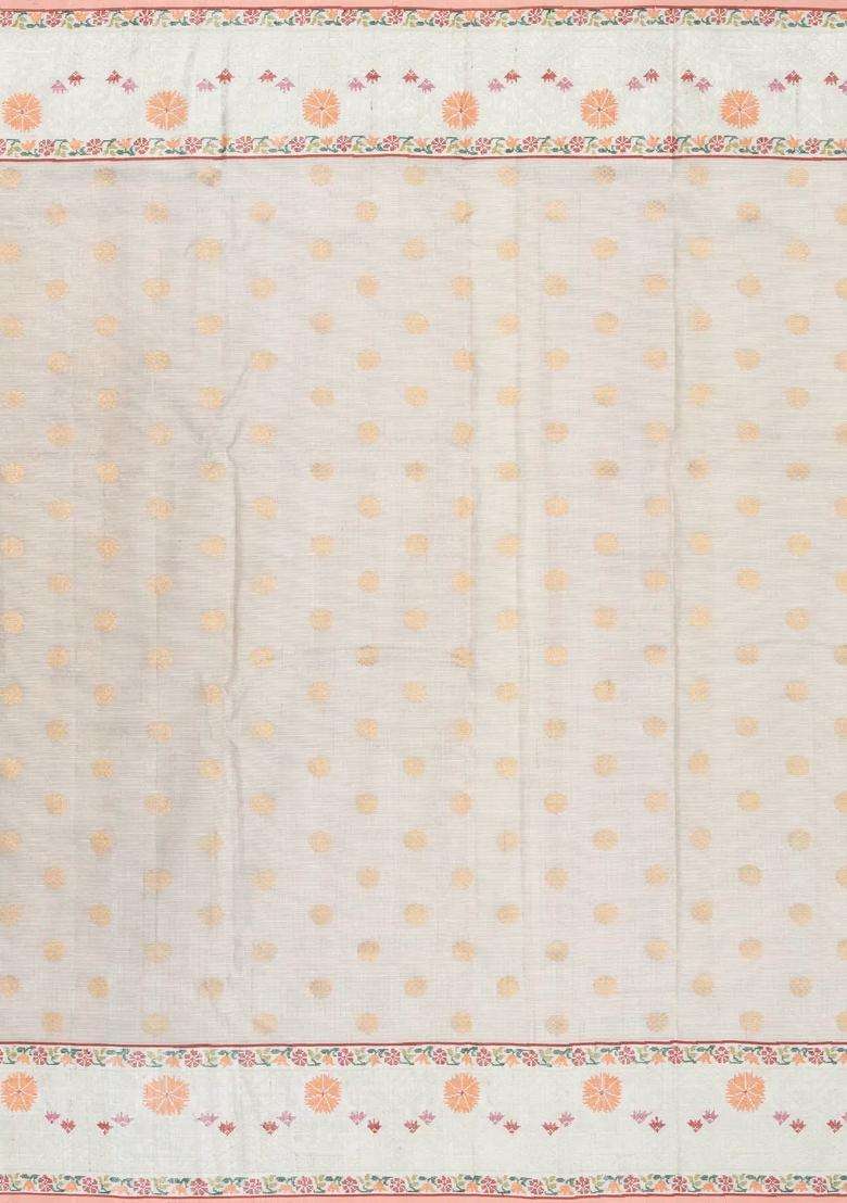 Off White Handloom Kota Silk Cotton Saree With Meena Floral Motifs With Buttas And Brocade Design For Women - Indya