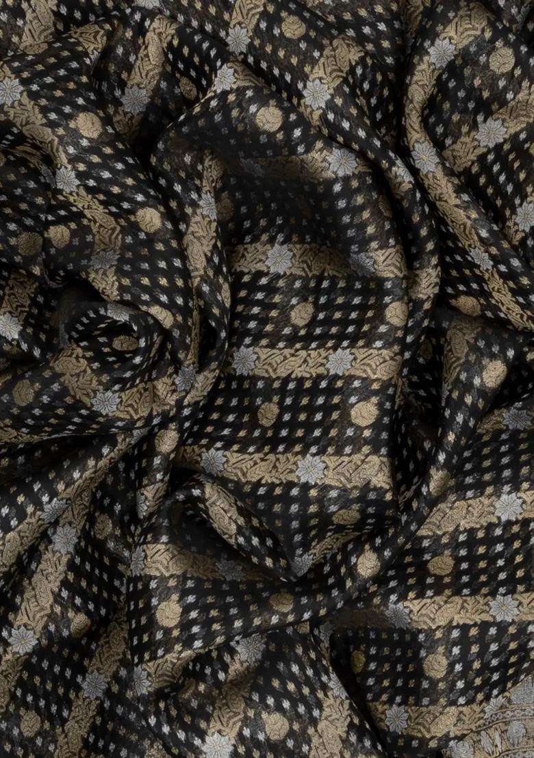 Black Handloom Banarasi Organza Silk Saree With Floral Motifs With Buttas And Brocade Design For Women - Indya
