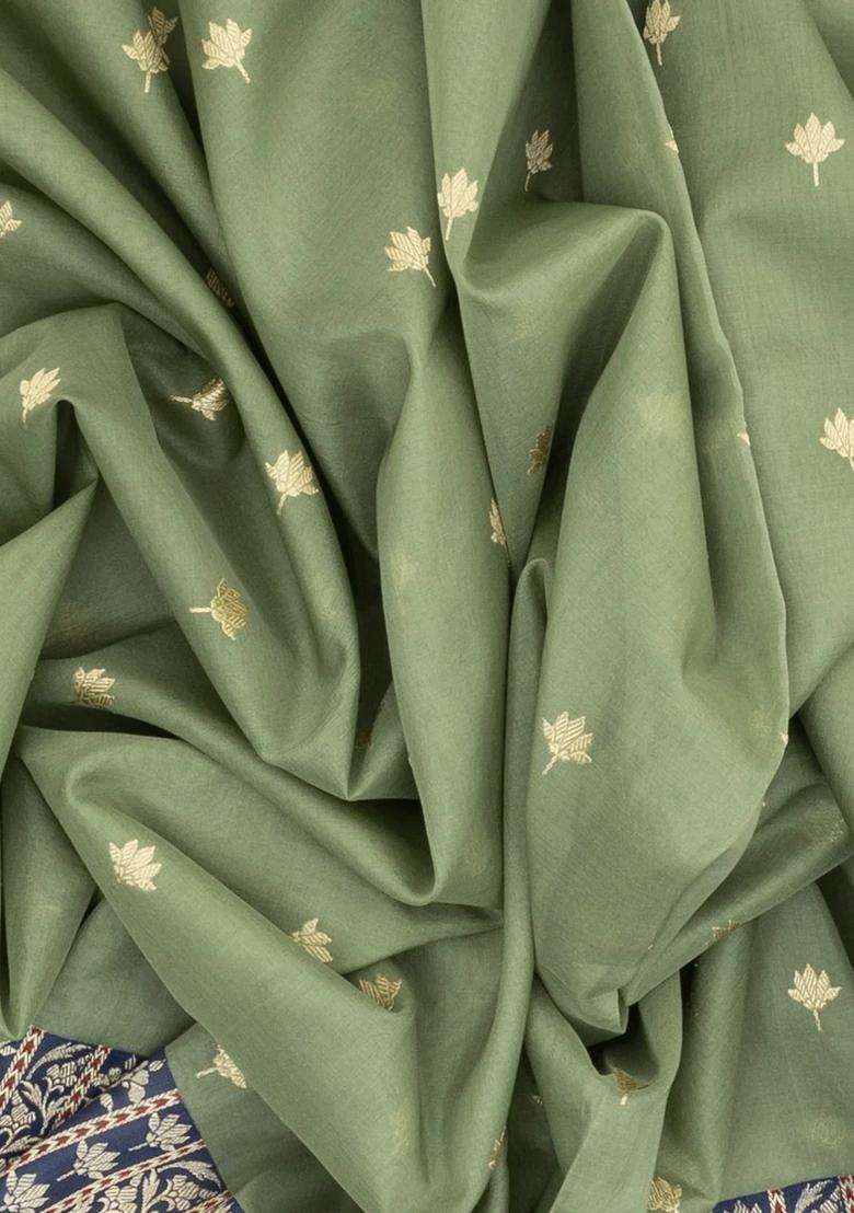 Cardamom Green Shadow Green Handloom Banarasi Organza Silk Saree With Floral Buttas With Buttas And Brocade Design For Women - Indya