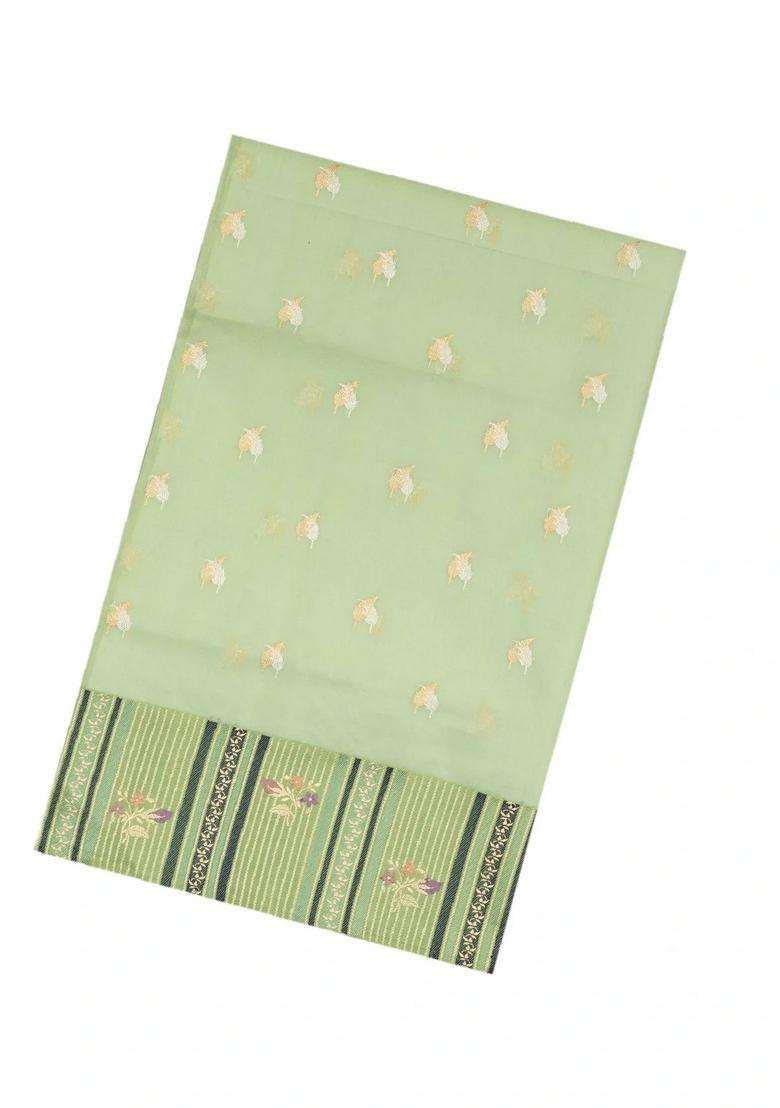 Cardamom Green Handloom Banarasi Organza Silk Saree With Floral Buttas With Buttas And Brocade Design For Women - Indya