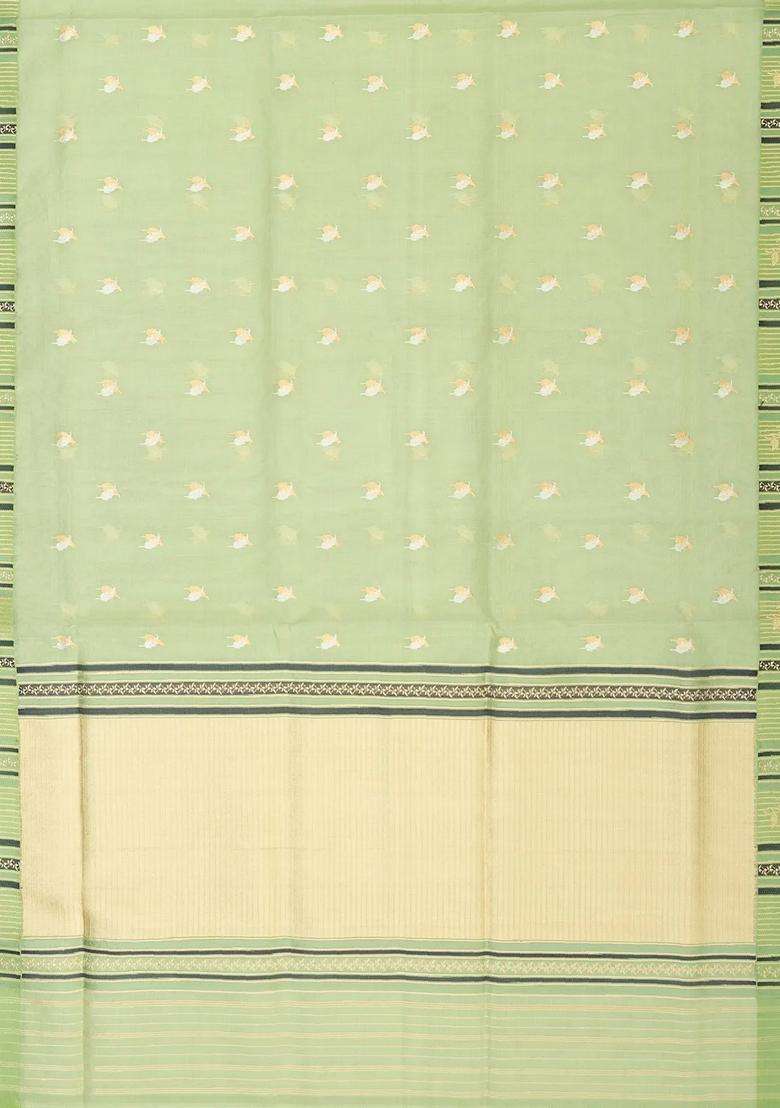 Cardamom Green Handloom Banarasi Organza Silk Saree With Floral Buttas With Buttas And Brocade Design For Women - Indya