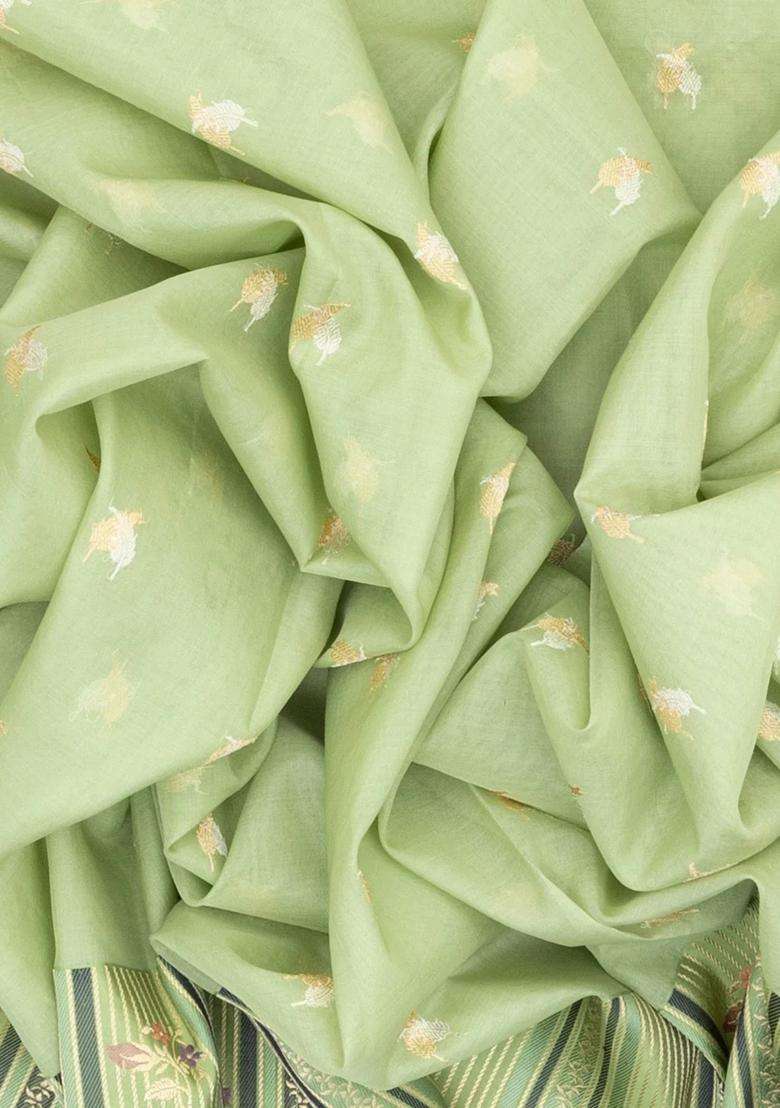Cardamom Green Handloom Banarasi Organza Silk Saree With Floral Buttas With Buttas And Brocade Design For Women - Indya