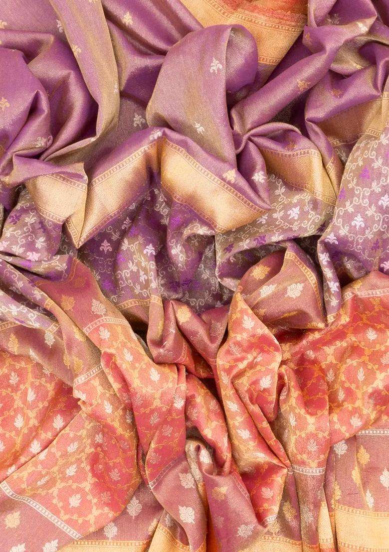 Purple Lavender Handloom Banarasi Rangkat Tissue Silk Saree With Floral Motifs With Buttas And Brocade Design For Women - Indya
