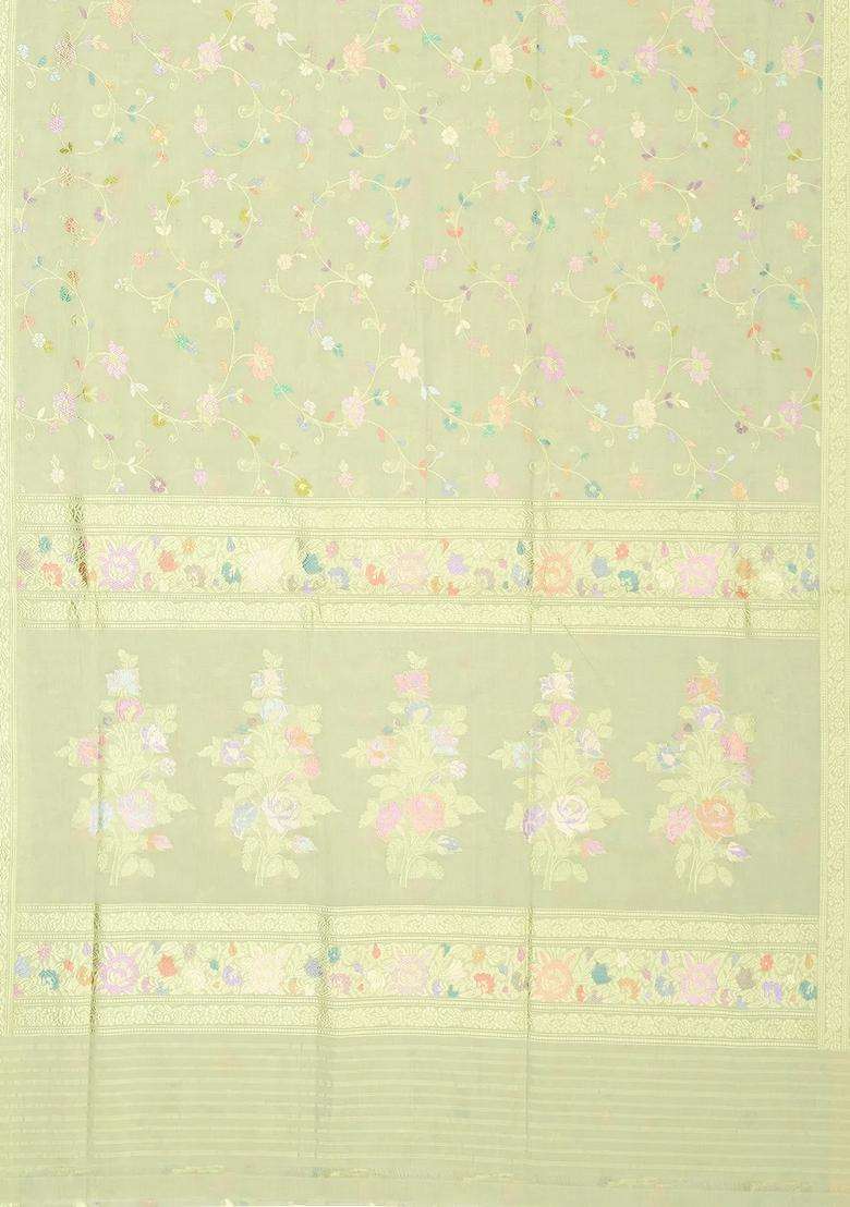Cardamom Green Light Green Handloom Banarasi Organza Silk Saree With Meena Floral Vine Motifs With Buttas And Brocade Design For Women - Indya