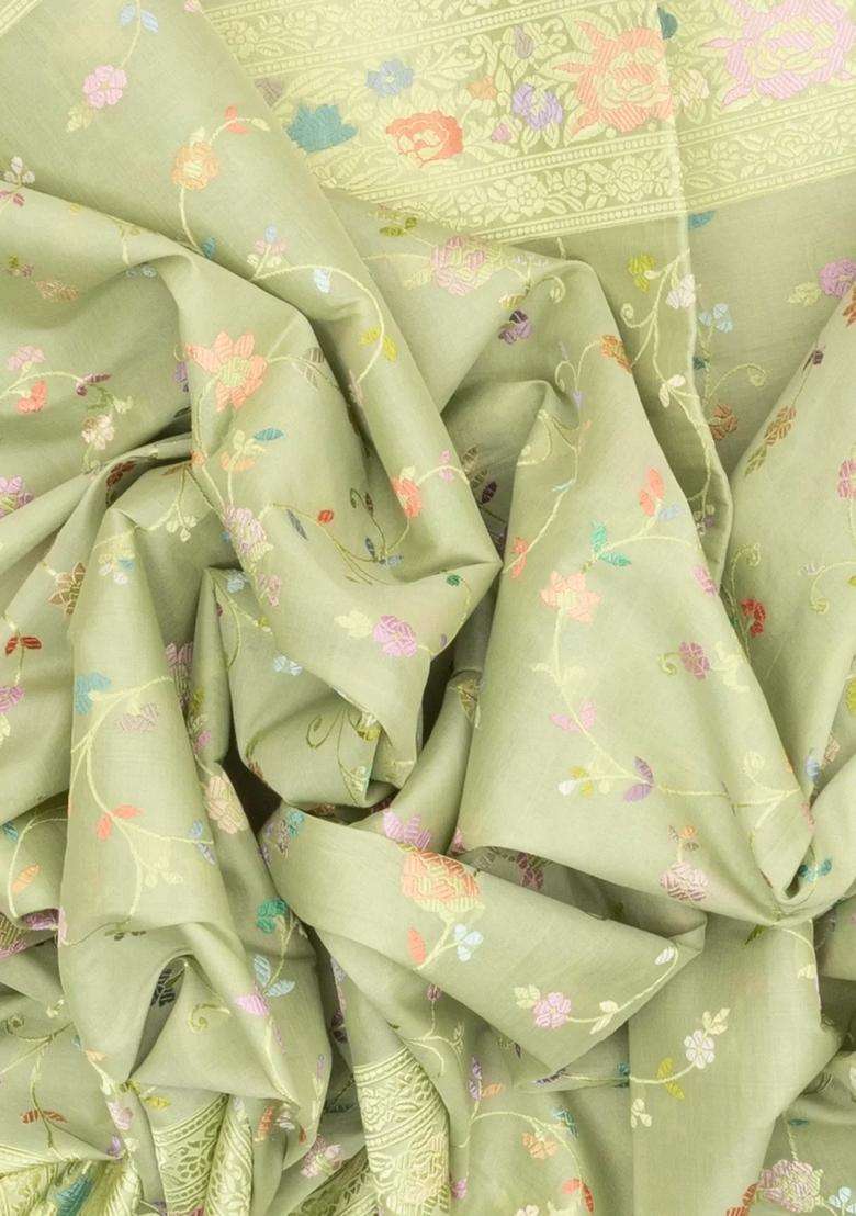 Cardamom Green Light Green Handloom Banarasi Organza Silk Saree With Meena Floral Vine Motifs With Buttas And Brocade Design For Women - Indya