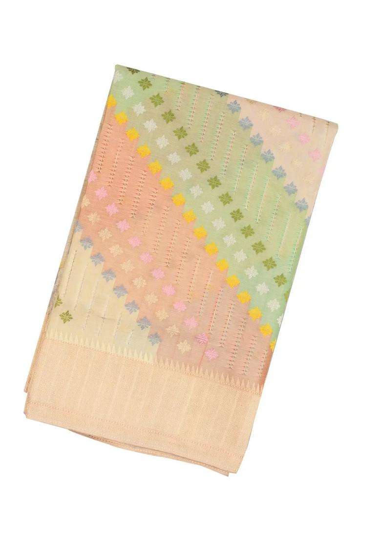 Multi Colour Handloom Banarasi Rangkat Silk Saree With Floral Motifs With Buttas And Brocade Design For Women - Indya