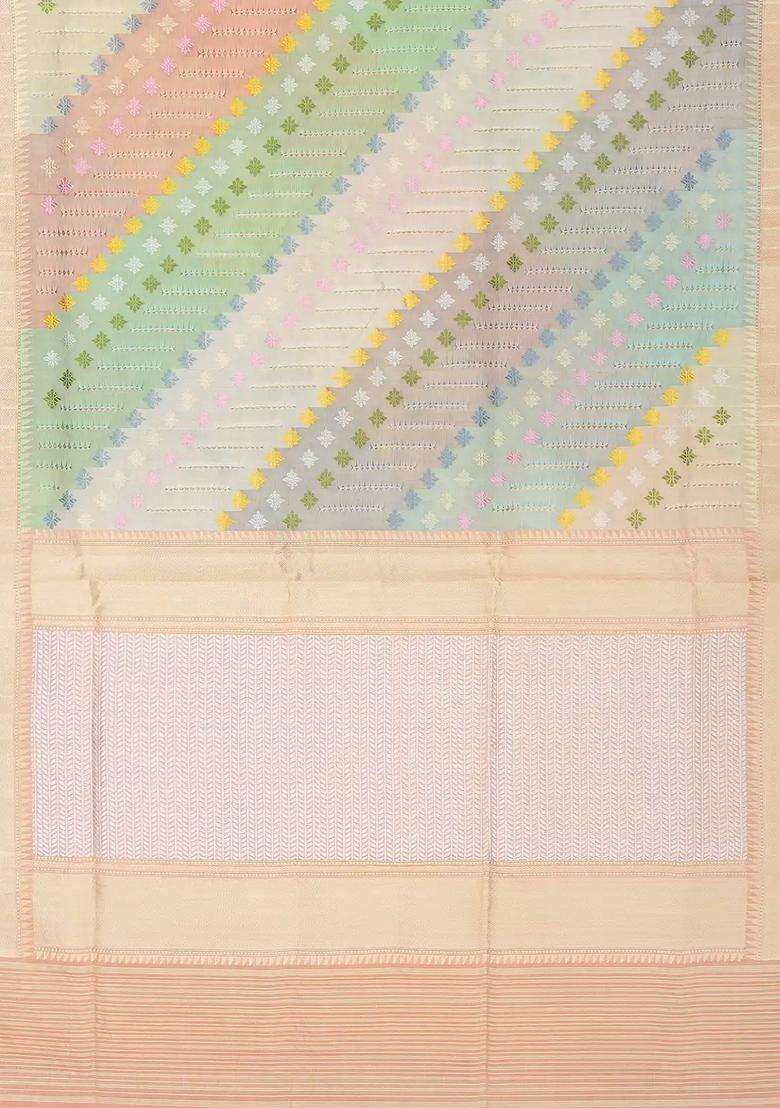 Multi Colour Handloom Banarasi Rangkat Silk Saree With Floral Motifs With Buttas And Brocade Design For Women - Indya