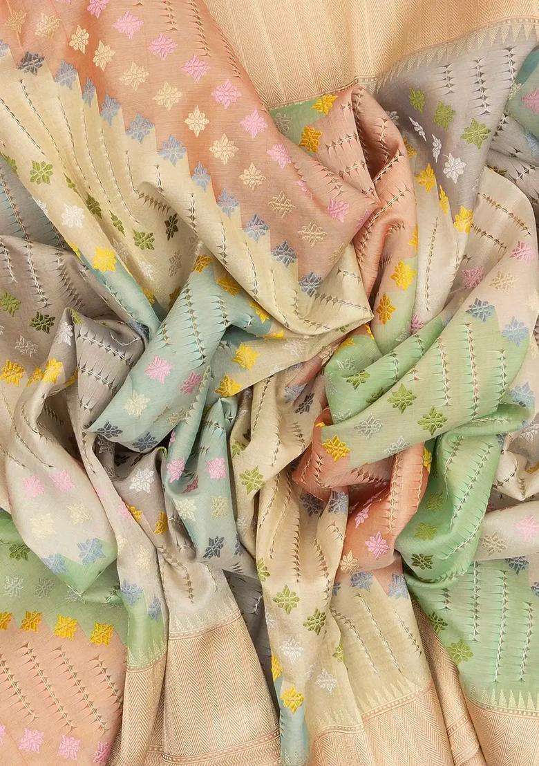 Multi Colour Handloom Banarasi Rangkat Silk Saree With Floral Motifs With Buttas And Brocade Design For Women - Indya