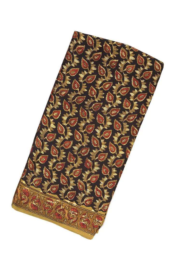 Black Woven Modal Silk Saree With Ajrakh Printed Floral Motifs For Women - Indya