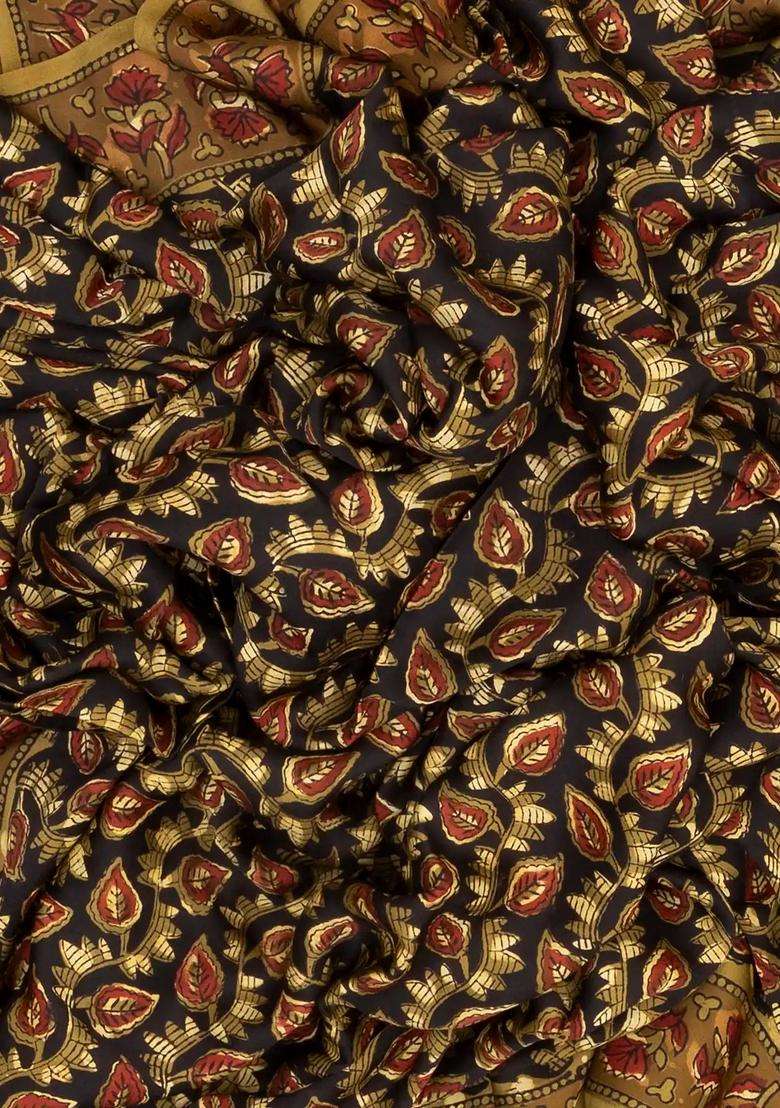 Black Woven Modal Silk Saree With Ajrakh Printed Floral Motifs For Women - Indya