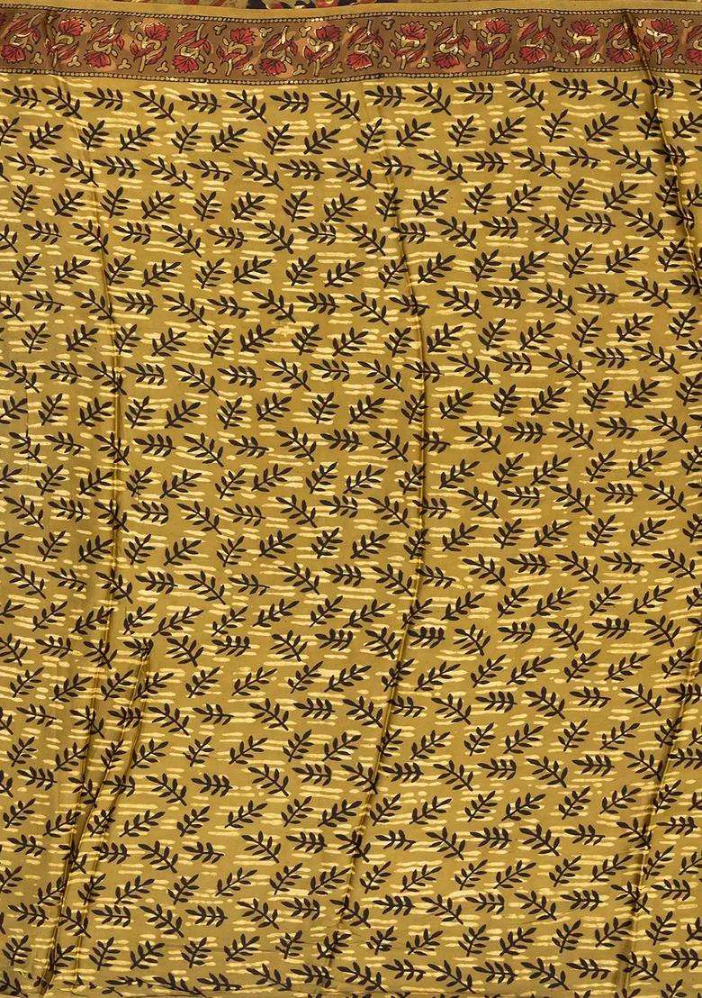 Black Woven Modal Silk Saree With Ajrakh Printed Floral Motifs For Women - Indya