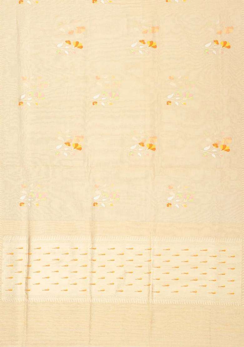 Cream Handloom Banarasi Tissue Saree With Meena Floral Buttas With Buttas And Brocade Design For Women - Indya