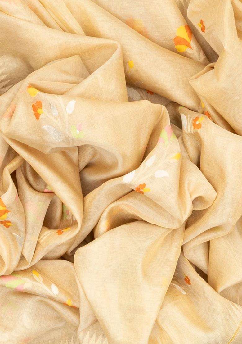 Cream Handloom Banarasi Tissue Saree With Meena Floral Buttas With Buttas And Brocade Design For Women - Indya