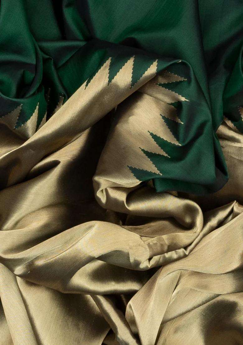 Bottle Green Handloom Banarasi Silk Tissue Saree With Rising Border With Traditional Woven Design For Women - Indya