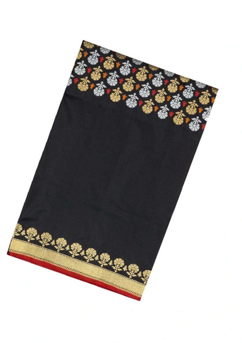 Black Handloom Banarasi Silk Saree With Floral Zari Motifs With Buttas And Brocade Design For Women - Indya