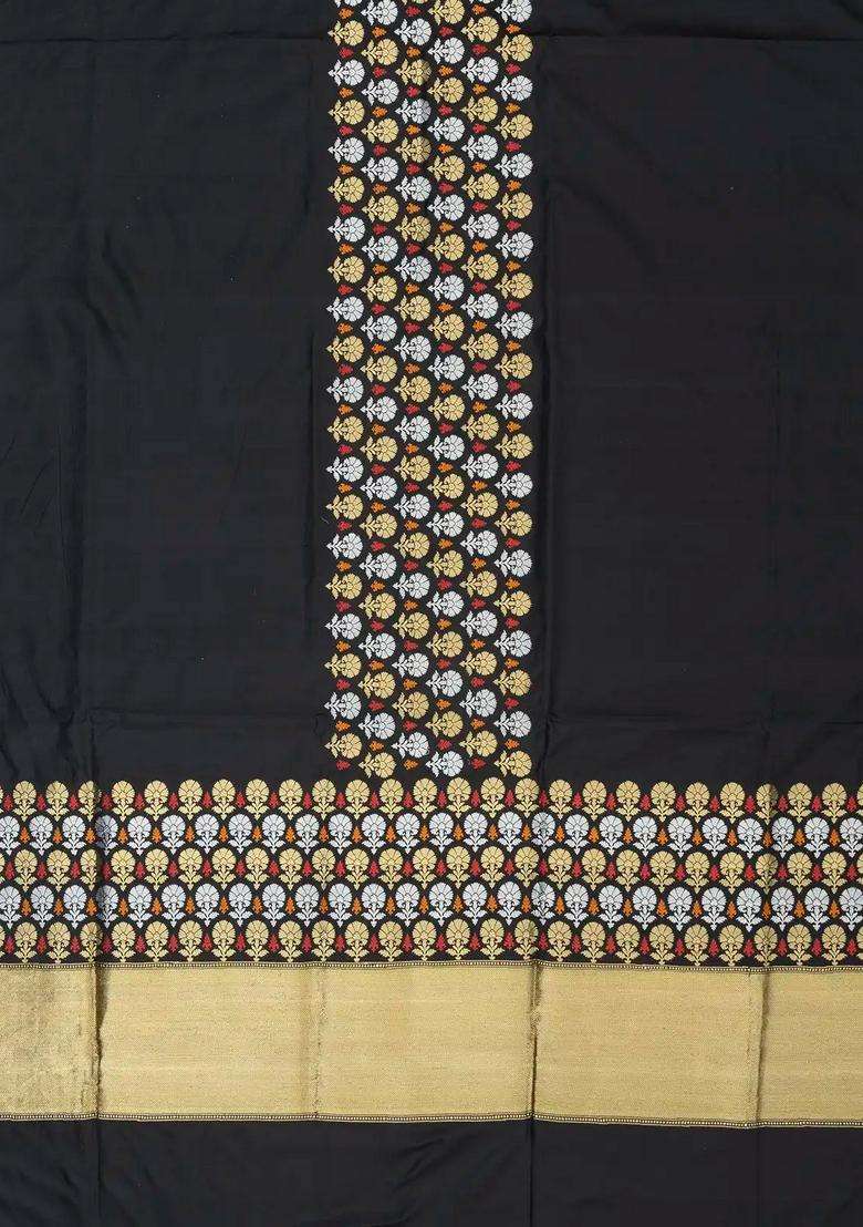 Black Handloom Banarasi Silk Saree With Floral Zari Motifs With Buttas And Brocade Design For Women - Indya