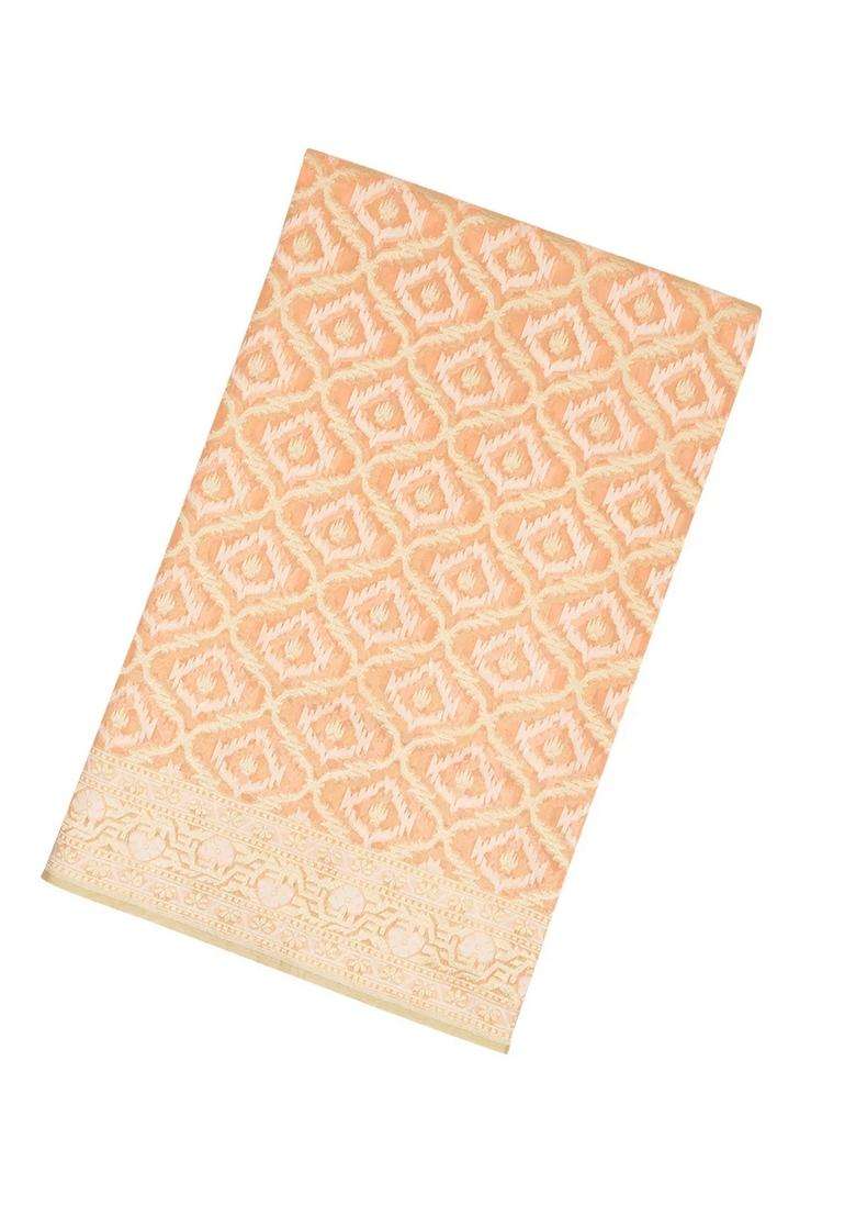 Light Peach Handloom Banarasi Cotton Saree With Jaal Motifs With Buttas And Brocade Design For Women - Indya