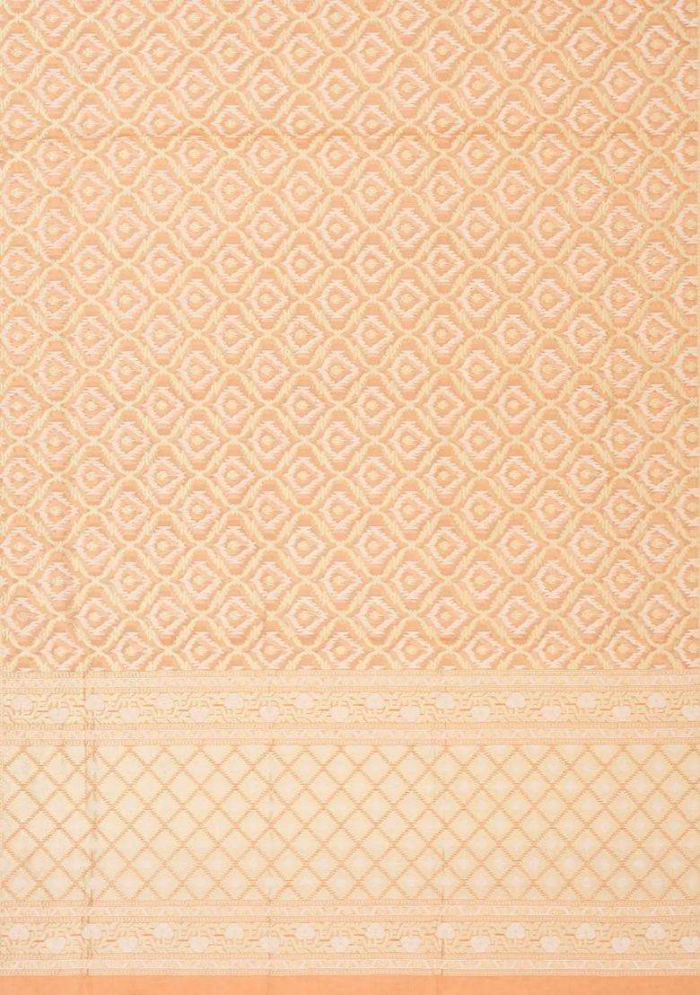 Light Peach Handloom Banarasi Cotton Saree With Jaal Motifs With Buttas And Brocade Design For Women - Indya