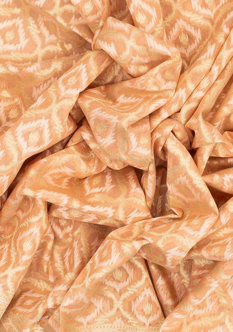 Light Peach Handloom Banarasi Cotton Saree With Jaal Motifs With Buttas And Brocade Design For Women - Indya