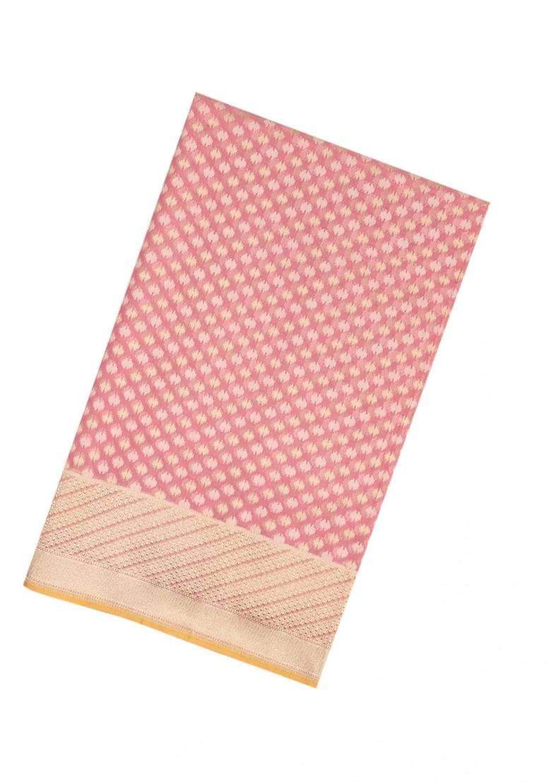 Baby Pink Handloom Banarasi Cotton Saree With Floral Motifs With Buttas And Brocade Design For Women - Indya
