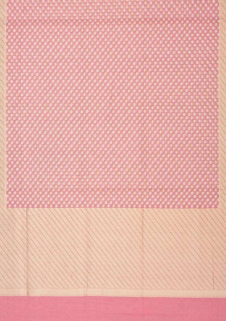 Baby Pink Handloom Banarasi Cotton Saree With Floral Motifs With Buttas And Brocade Design For Women - Indya