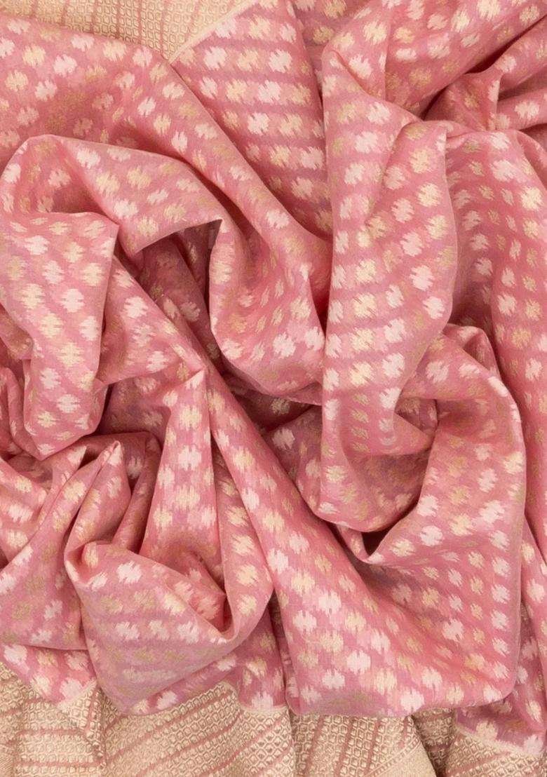 Baby Pink Handloom Banarasi Cotton Saree With Floral Motifs With Buttas And Brocade Design For Women - Indya
