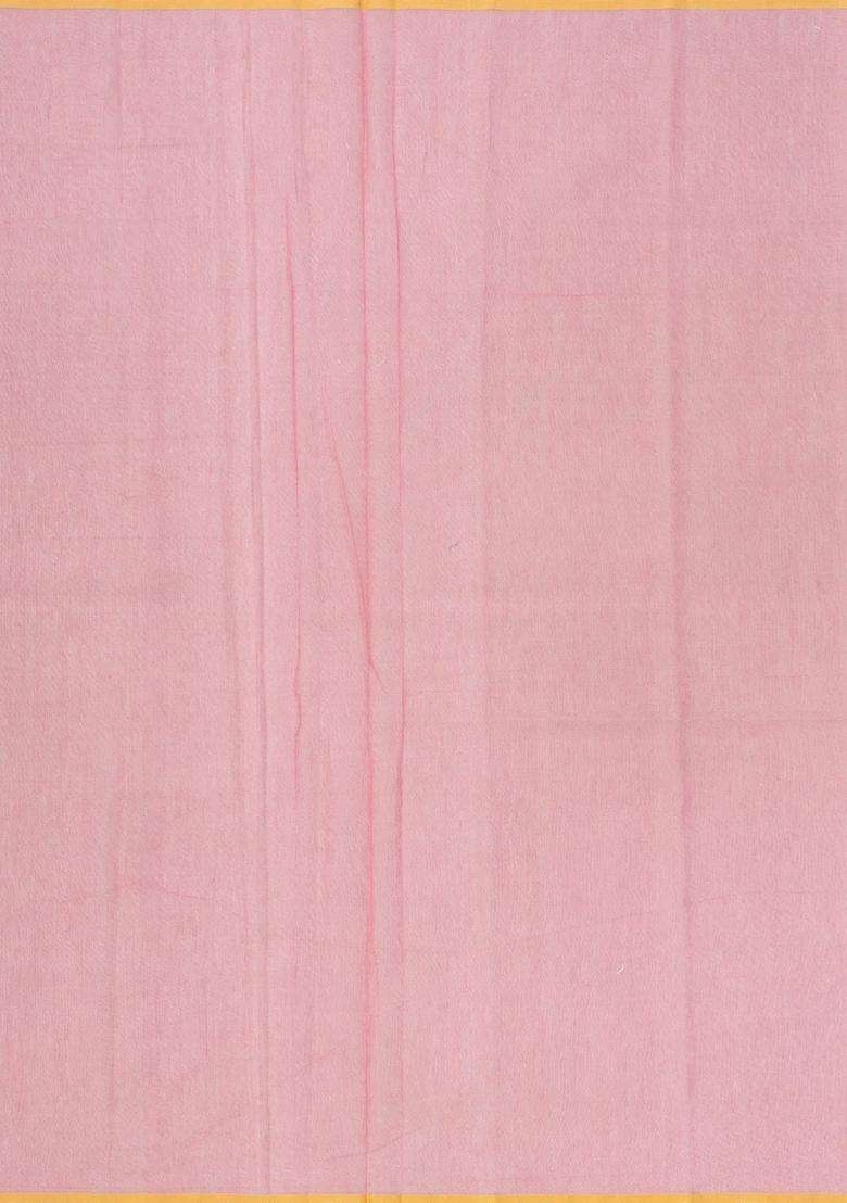 Baby Pink Handloom Banarasi Cotton Saree With Floral Motifs With Buttas And Brocade Design For Women - Indya