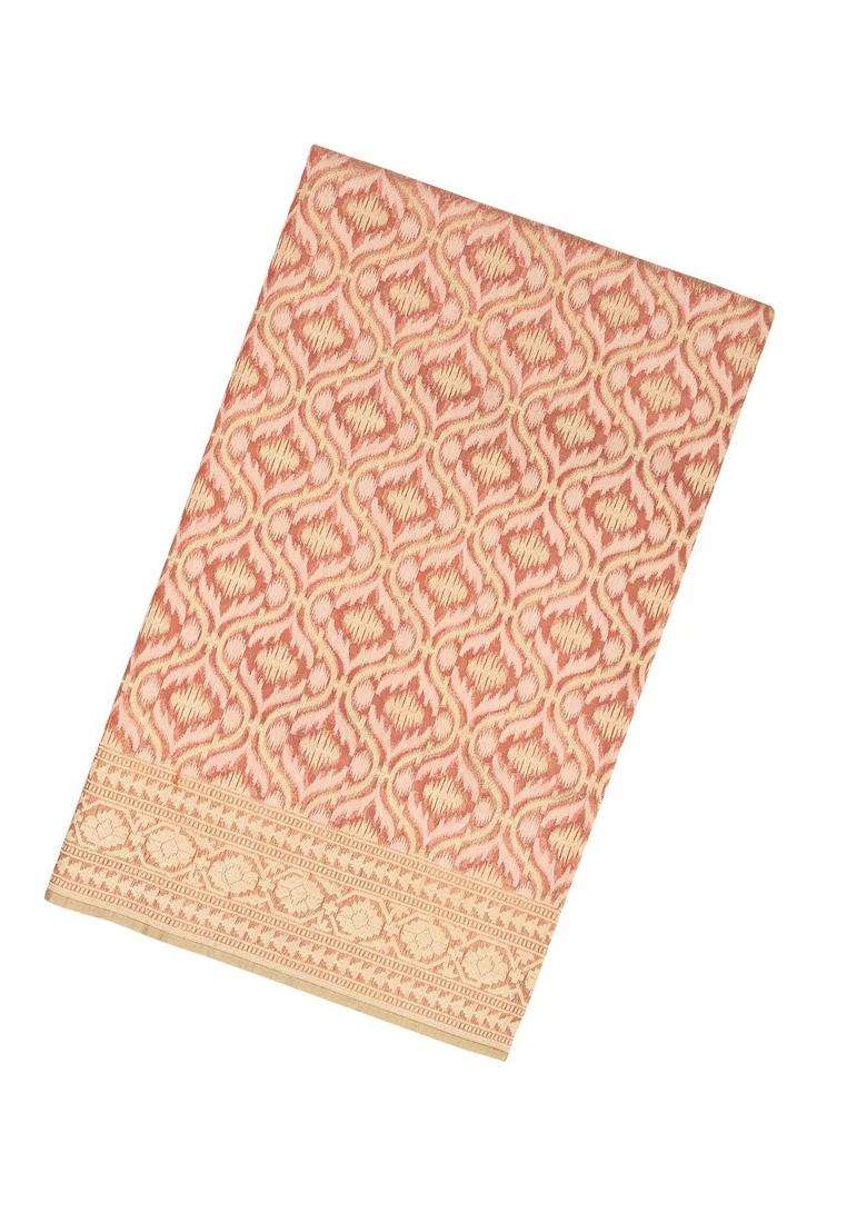 Peach Handloom Banarasi Cotton Saree With Jaal Motifs With Buttas And Brocade Design For Women - Indya
