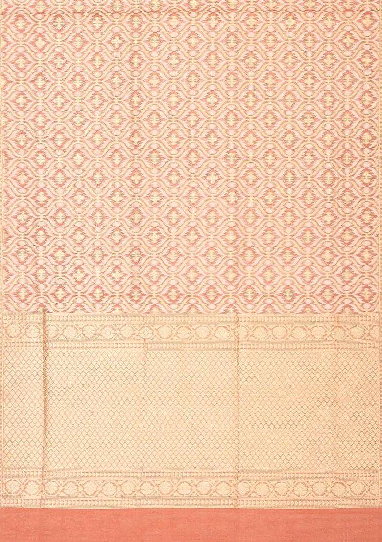 Peach Handloom Banarasi Cotton Saree With Jaal Motifs With Buttas And Brocade Design For Women - Indya